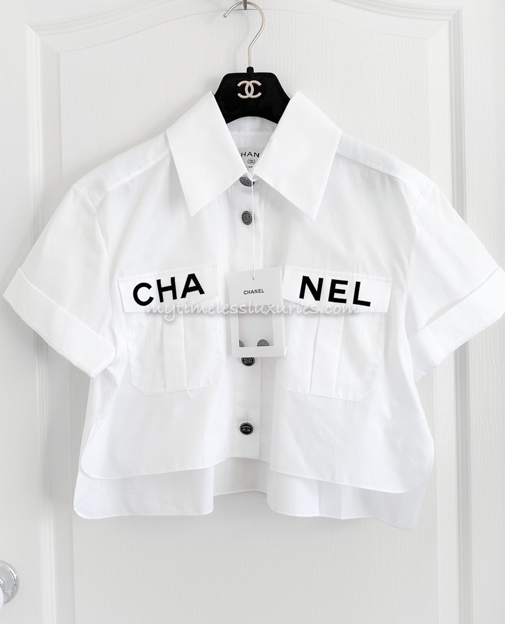 CHANEL Blue White Cotton Striped Open Collar Shirt  AMORE Vintage Tokyo